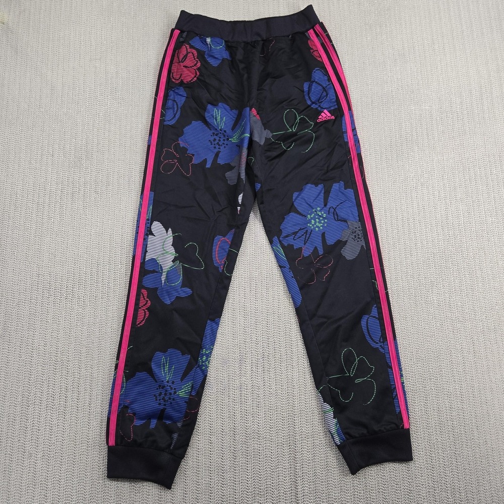 Adidas Pants Girls Large 14 Black Floral Track Joggers Pink 3 Stripe Athletic